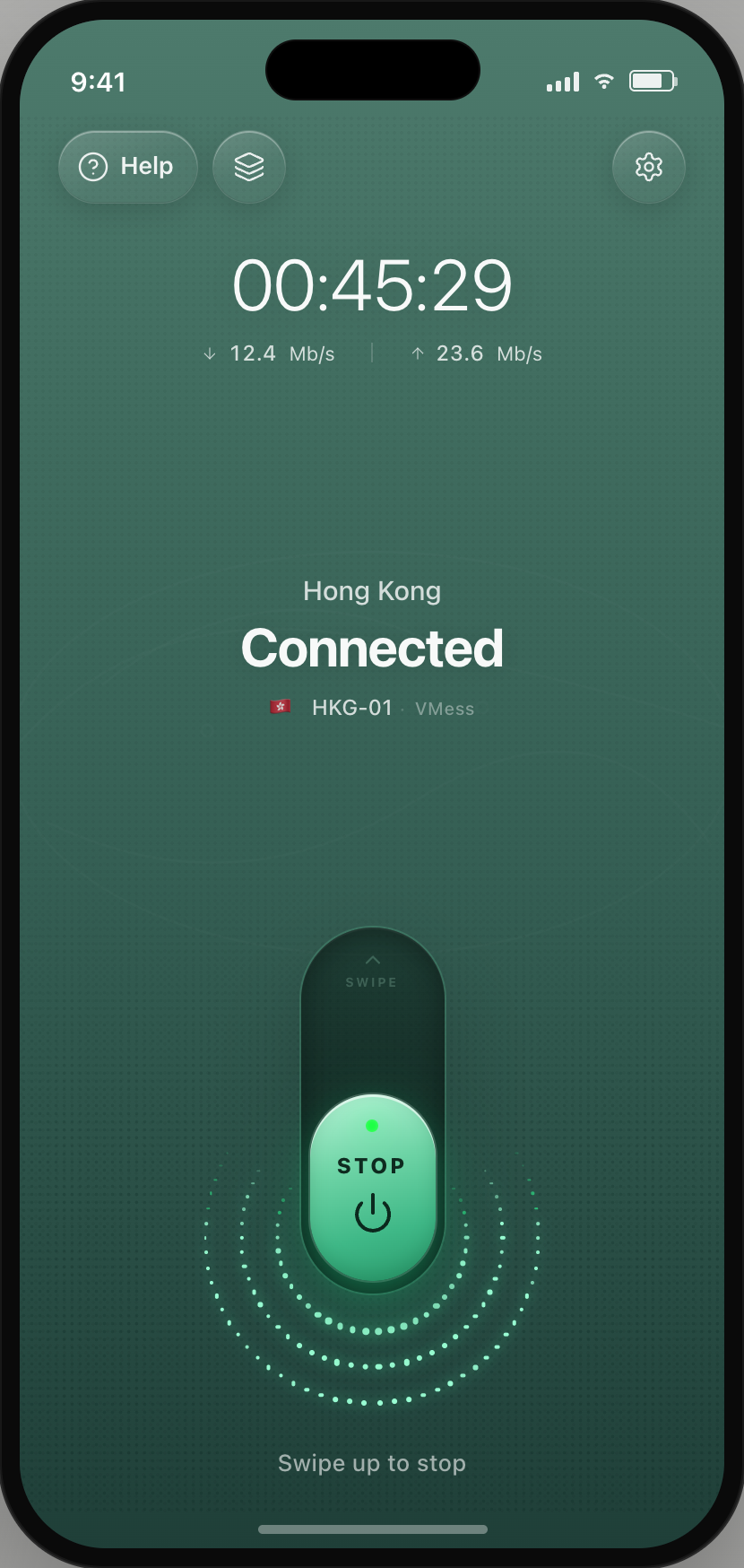 Routeva home screen connected: green field, session timer, and STOP control.